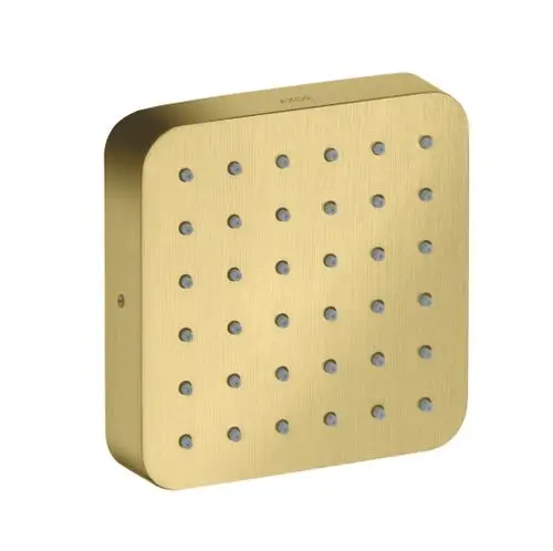Brushed Brass Wand-Brausemodul von AXOR mit Quadrat-Design und angeordneten Auslassöffnungen. 
